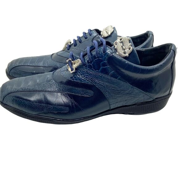 Studio Belvedere Sneakers Shoes Mens Size 8 M Bene Navy Blue Ostrich Lace Up - Picture 2 of 11